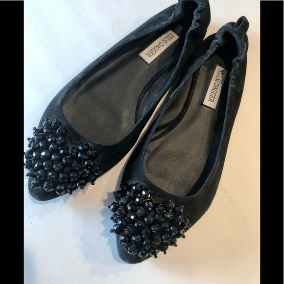 KELSI DAGGER LUVVY Black Suede Flats Crystal Heart - Picture 10 of 10